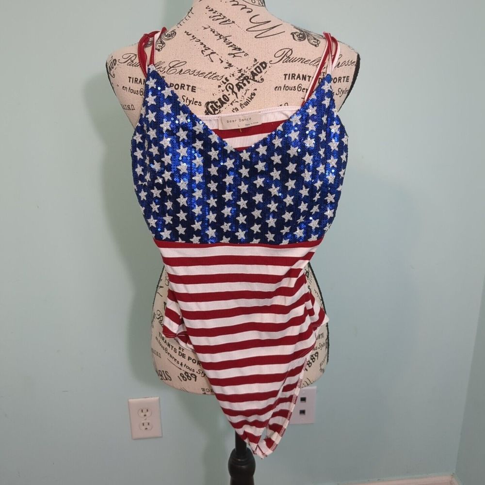 Bear Dance American Flag Sequin Bodysuit large 4th Of July Patriotic Usa